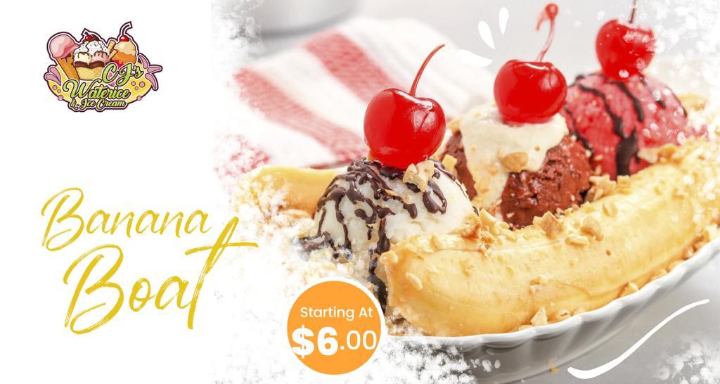 CJ's banana boat price graphic, starting at $6.00.