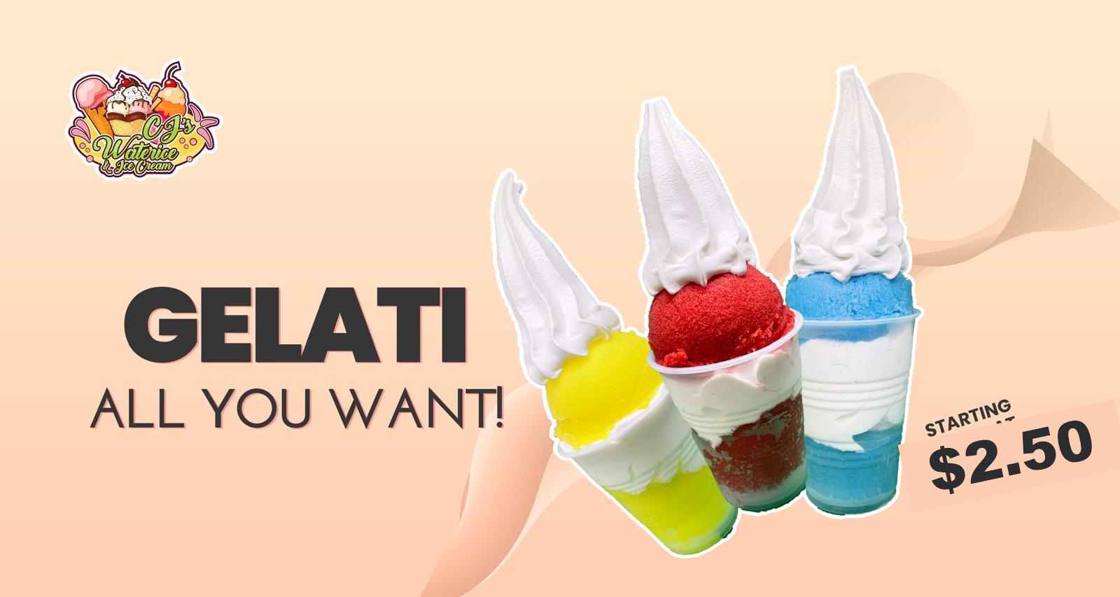 CJ's gelati price graphic, starting at $2.50.