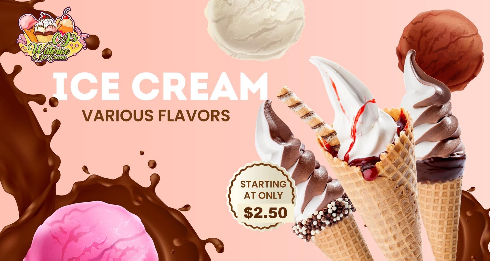 CJ's ice cream price graphic, starting at only $2.50.